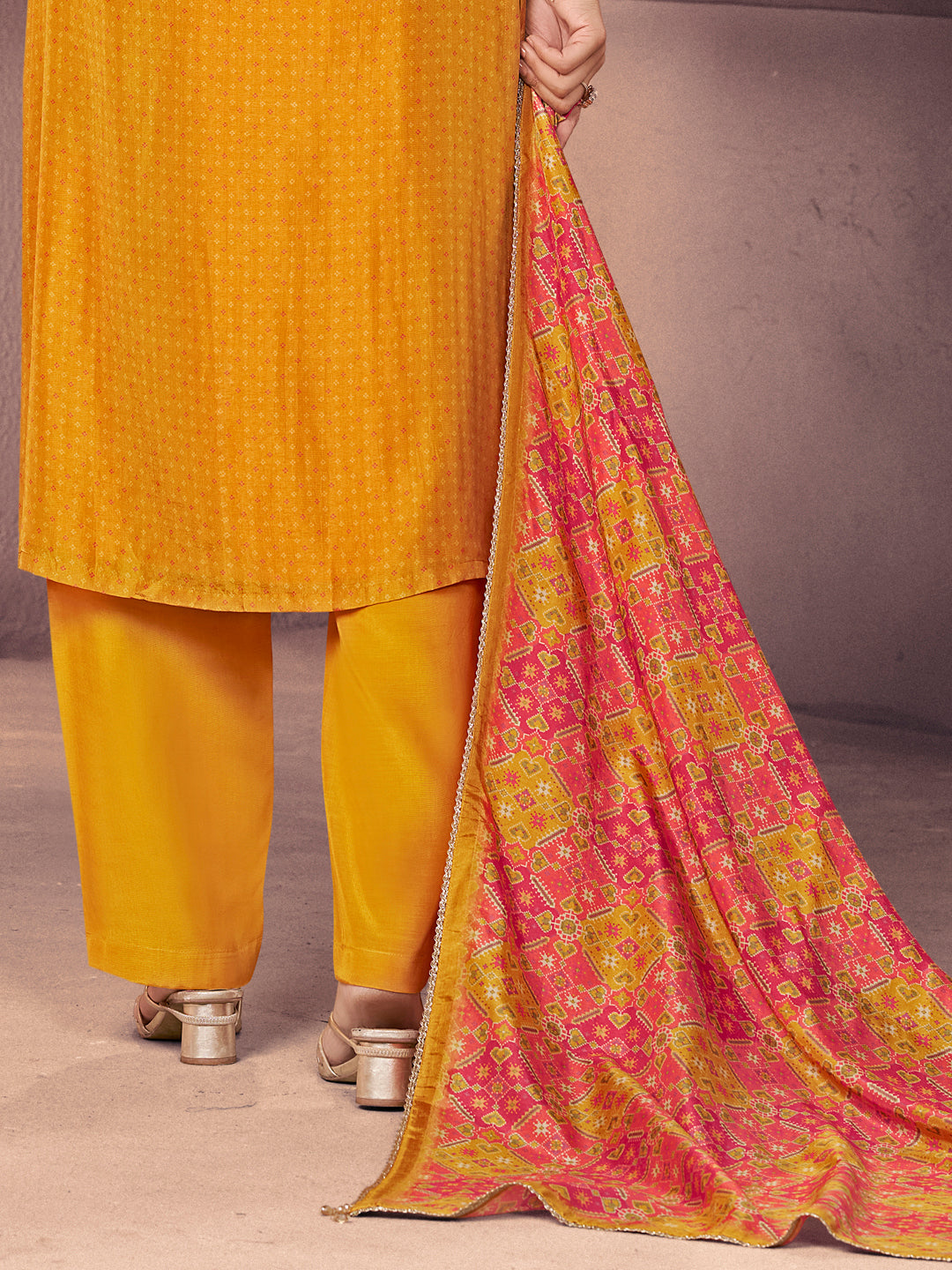 Amber Russian Silk Suit with Ethnic Motif Print & Embroidered Neckline