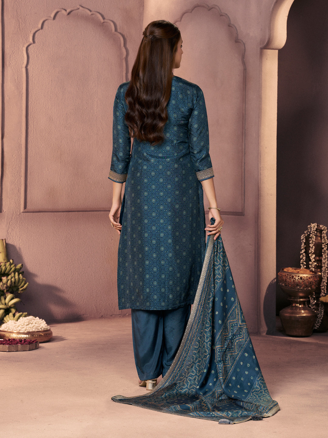 Teal Blue Premium Russian Silk Suit with Ethnic Motifs & Embroidered Neckline
