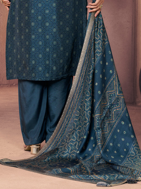 Teal Blue Premium Russian Silk Suit with Ethnic Motifs & Embroidered Neckline