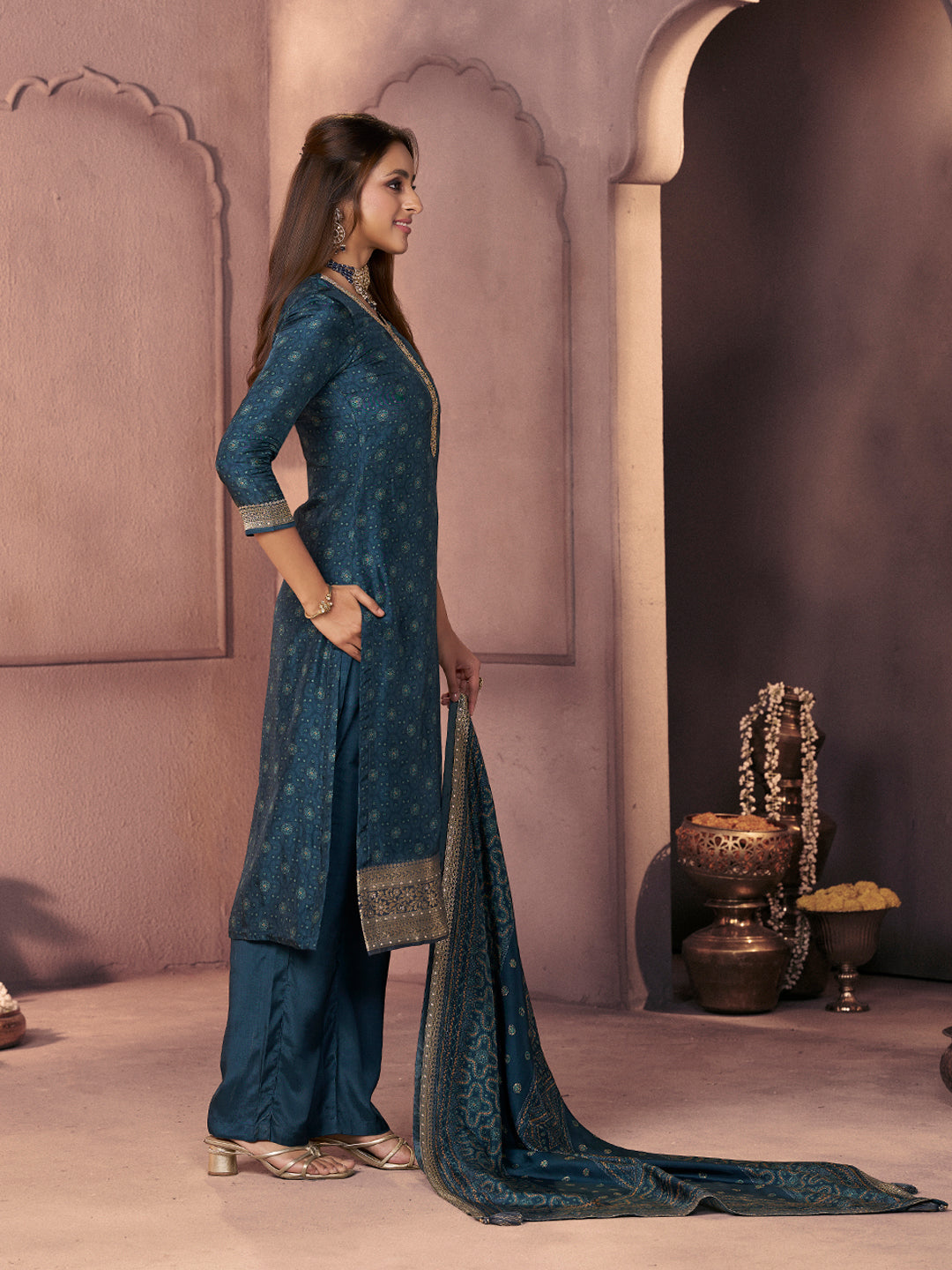 Teal Blue Premium Russian Silk Suit with Ethnic Motifs & Embroidered Neckline