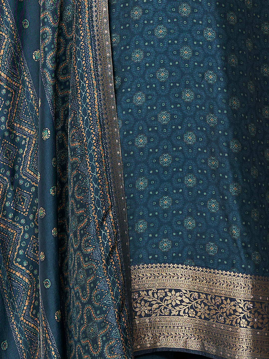 Teal Blue Premium Russian Silk Suit with Ethnic Motifs & Embroidered Neckline
