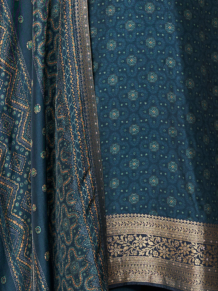 Teal Blue Premium Russian Silk Suit with Ethnic Motifs & Embroidered Neckline