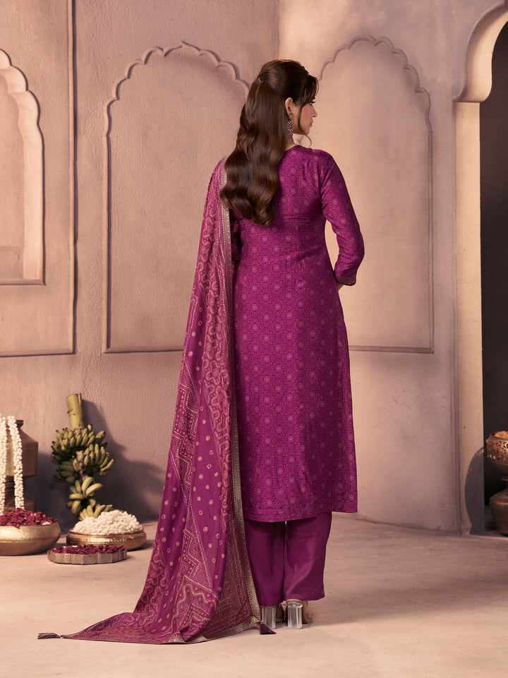 Magenta Premium Russian Silk Suit with Ethnic Motifs & Embroidered Neckline