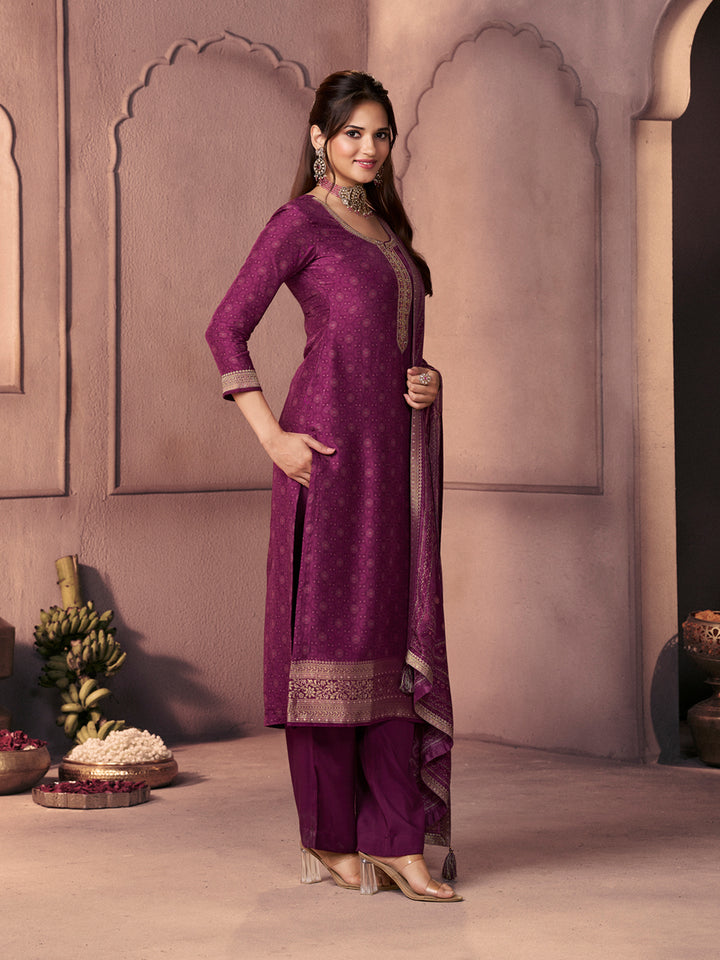Magenta Premium Russian Silk Suit with Ethnic Motifs & Embroidered Neckline