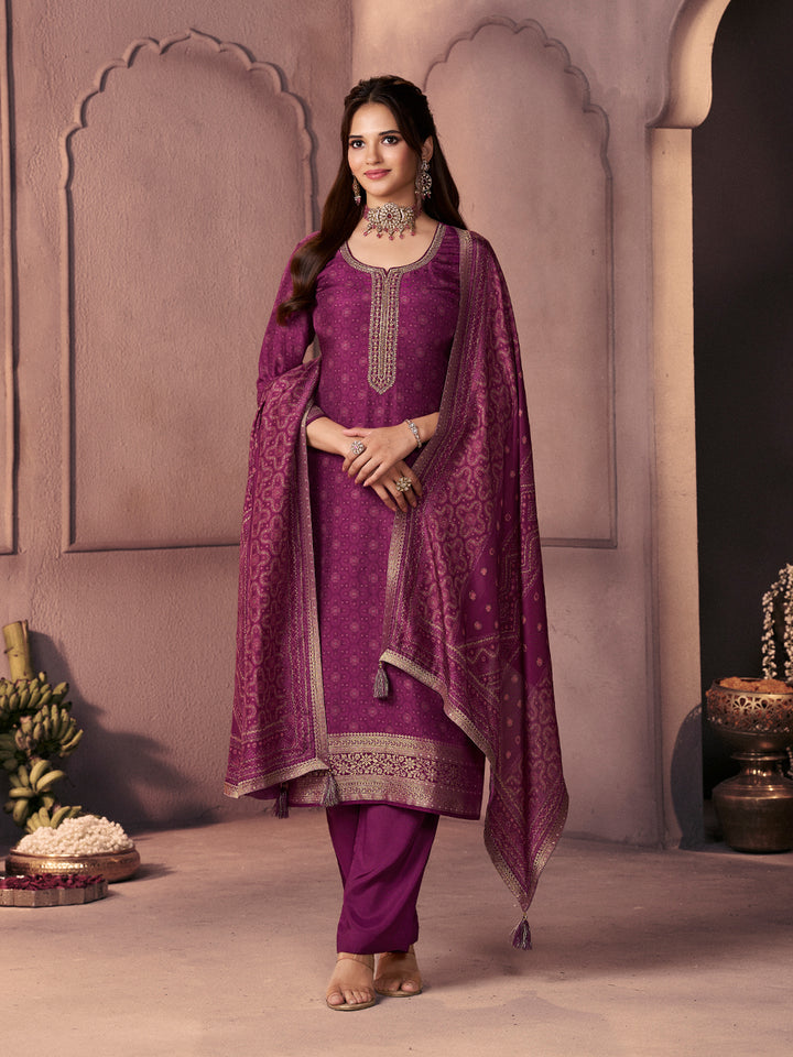 Magenta Premium Russian Silk Suit with Ethnic Motifs & Embroidered Neckline