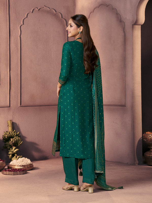 Teal Green Premium Russian Silk Suit with Ethnic Motifs & Embroidered Neckline