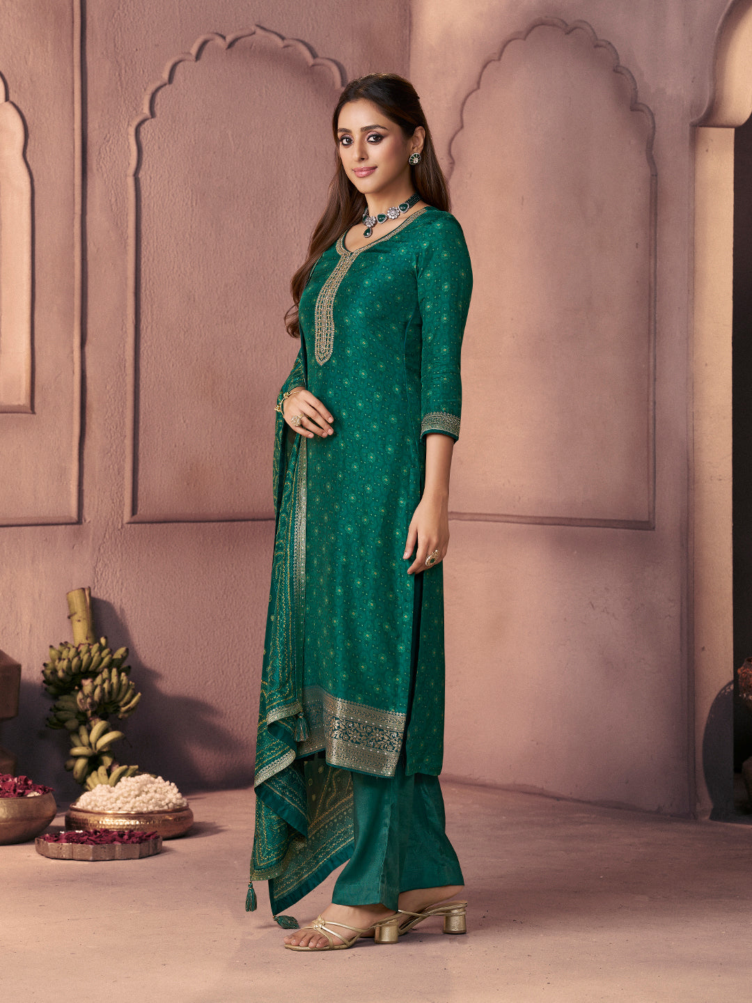 Teal Green Premium Russian Silk Suit with Ethnic Motifs & Embroidered Neckline