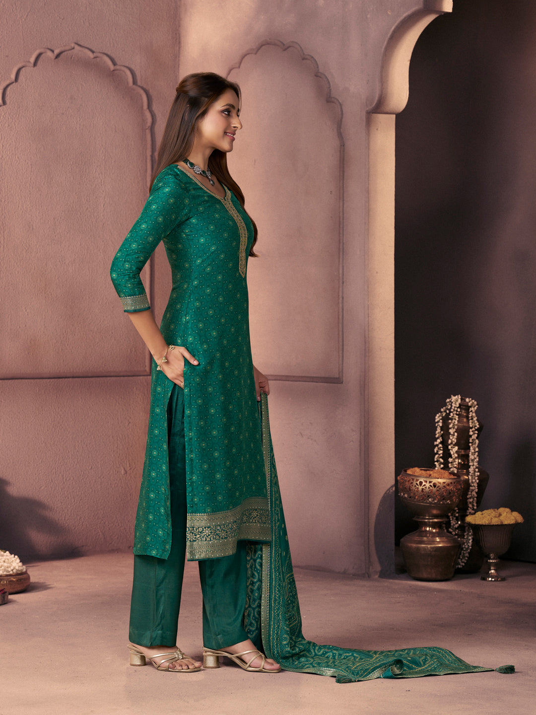 Teal Green Premium Russian Silk Suit with Ethnic Motifs & Embroidered Neckline