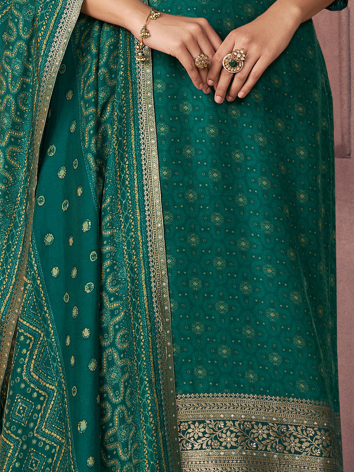 Teal Green Premium Russian Silk Suit with Ethnic Motifs & Embroidered Neckline