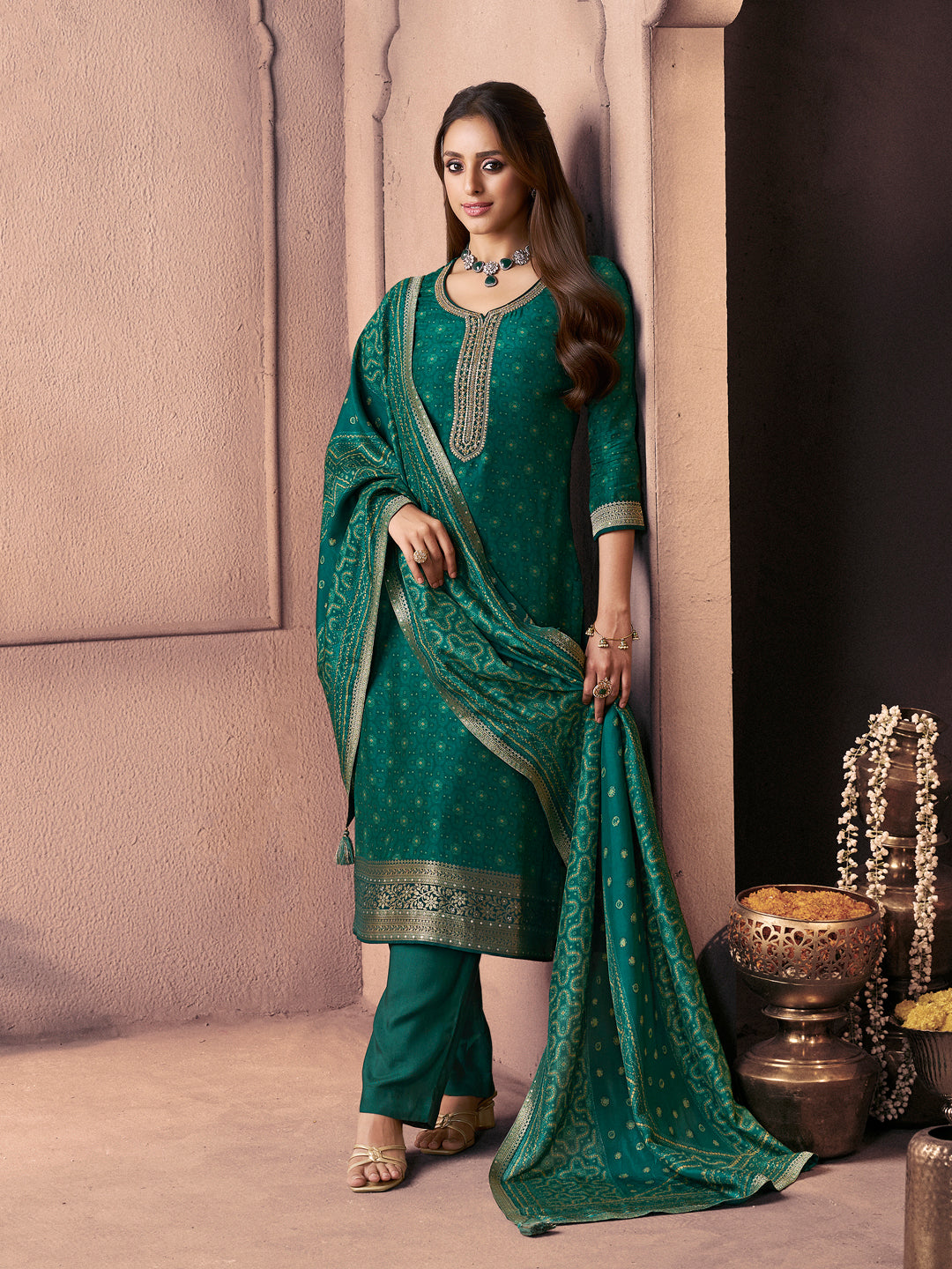 Teal Green Premium Russian Silk Suit with Ethnic Motifs & Embroidered Neckline