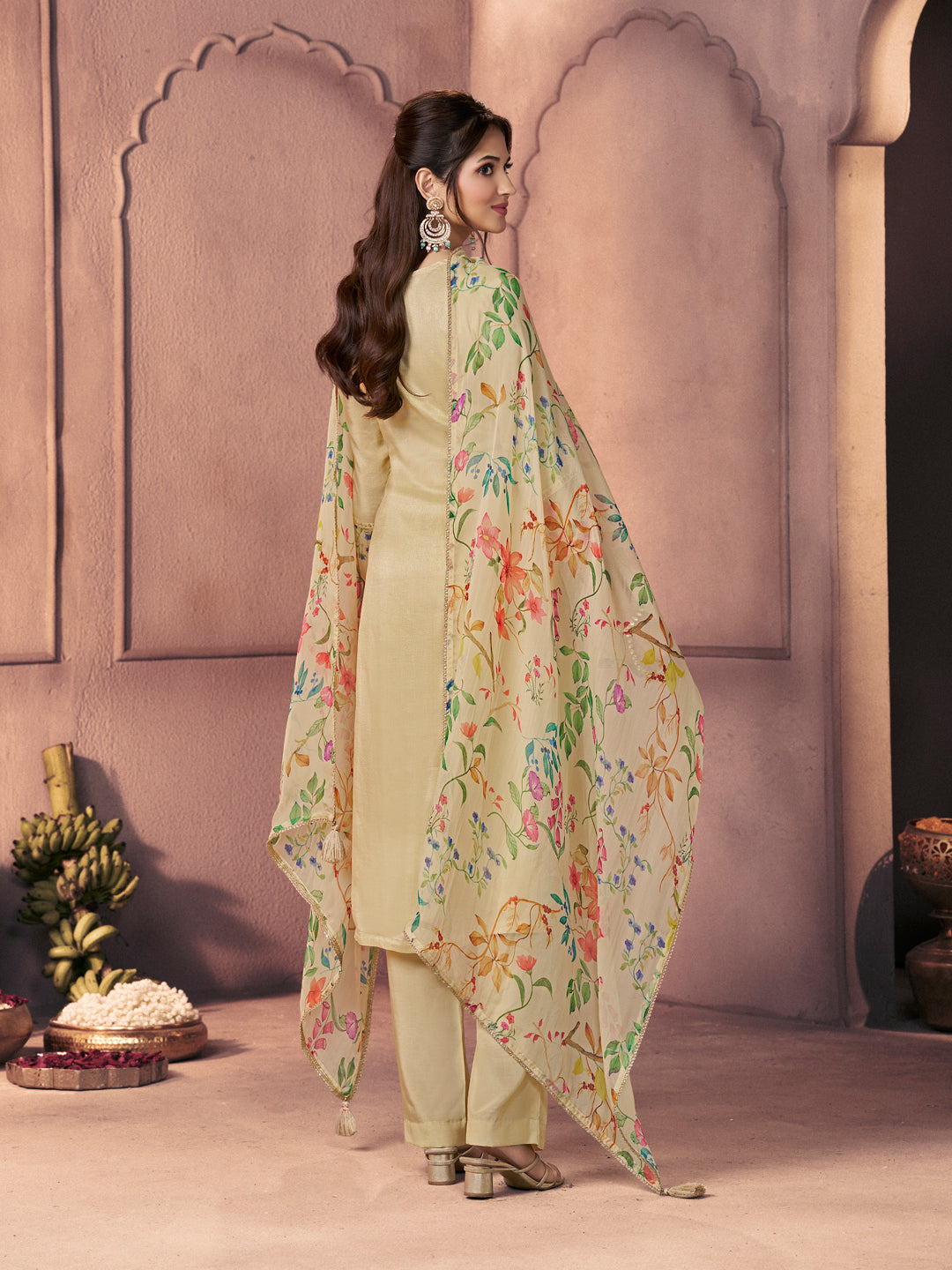 Bright Ivory Premium Dola Silk Suit with Ethnic Motifs & Bead-Work Accents