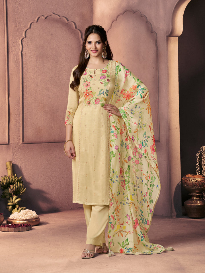 Bright Ivory Premium Dola Silk Suit with Ethnic Motifs & Bead-Work Accents