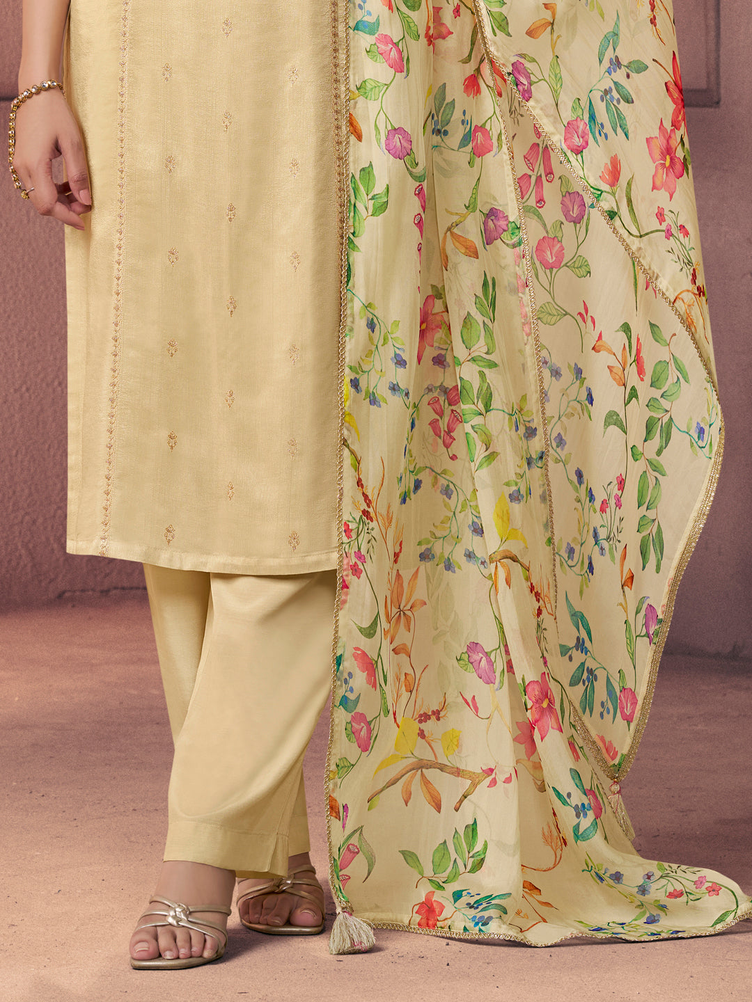 Bright Ivory Premium Dola Silk Suit with Ethnic Motifs & Bead-Work Accents