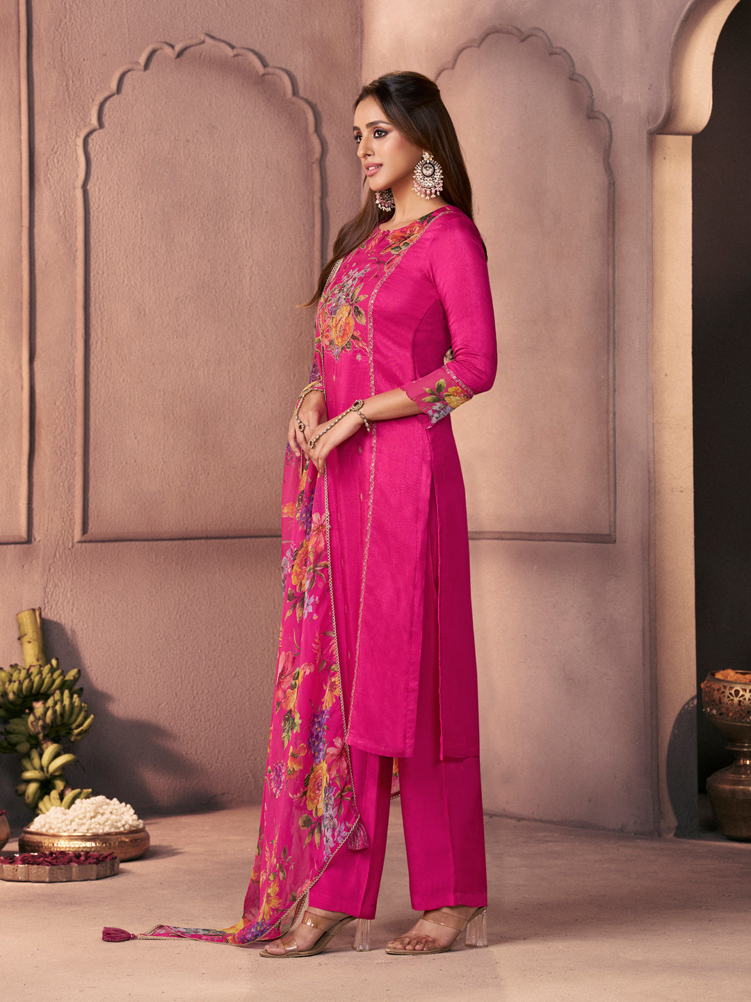 Fuchsia Pink Premium Dola Silk Suit with Ethnic Motifs & Bead-Work Accents