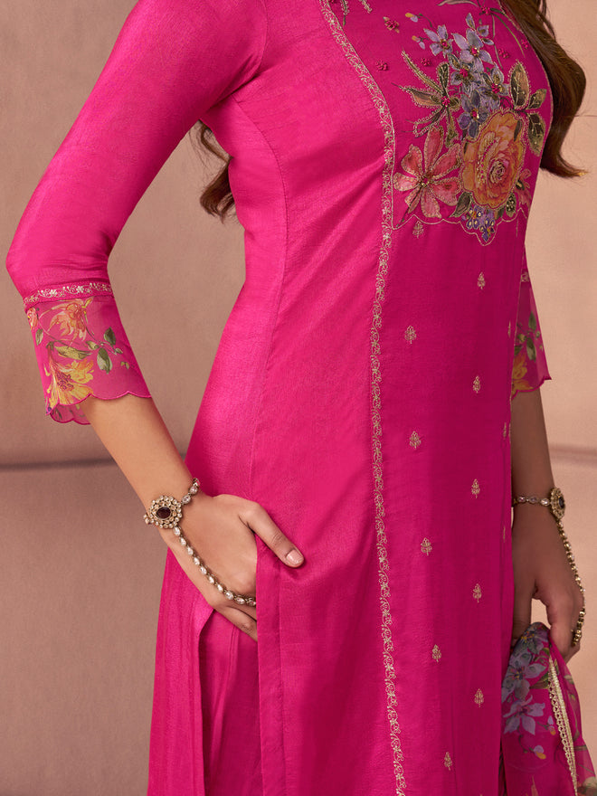 Fuchsia Pink Premium Dola Silk Suit with Ethnic Motifs & Bead-Work Accents
