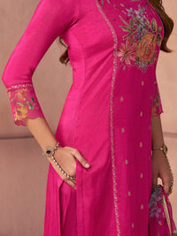 Fuchsia Pink Premium Dola Silk Suit with Ethnic Motifs & Bead-Work Accents