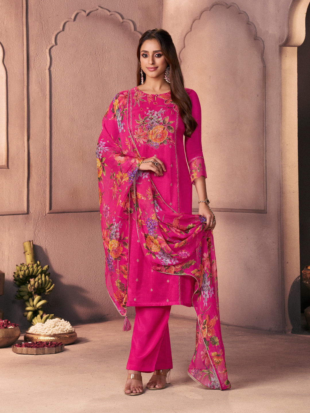 Fuchsia Pink Premium Dola Silk Suit with Ethnic Motifs & Bead-Work Accents