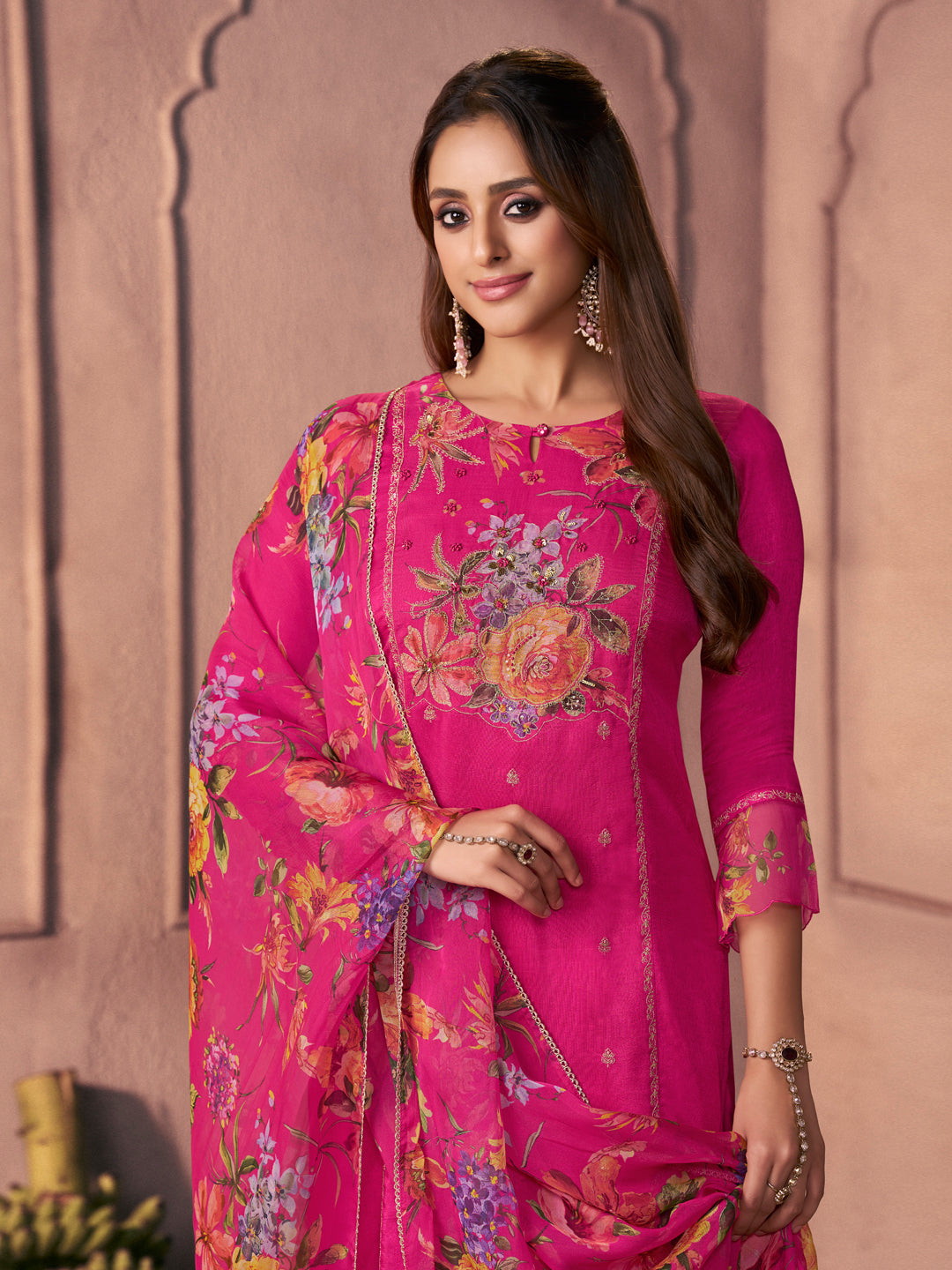 Fuchsia Pink Premium Dola Silk Suit with Ethnic Motifs & Bead-Work Accents