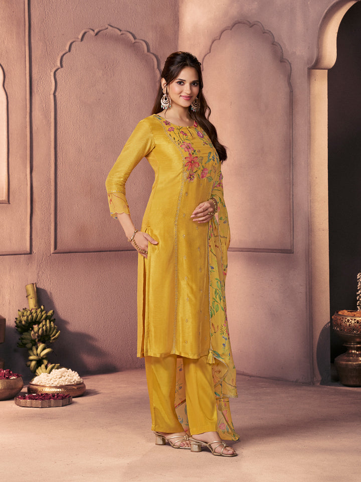 Bright Mustard Premium Dola Silk Suit with Ethnic Motifs & Bead-Work Accents