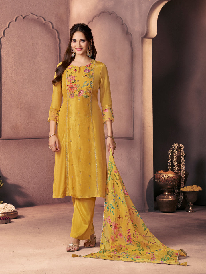 Bright Mustard Premium Dola Silk Suit with Ethnic Motifs & Bead-Work Accents