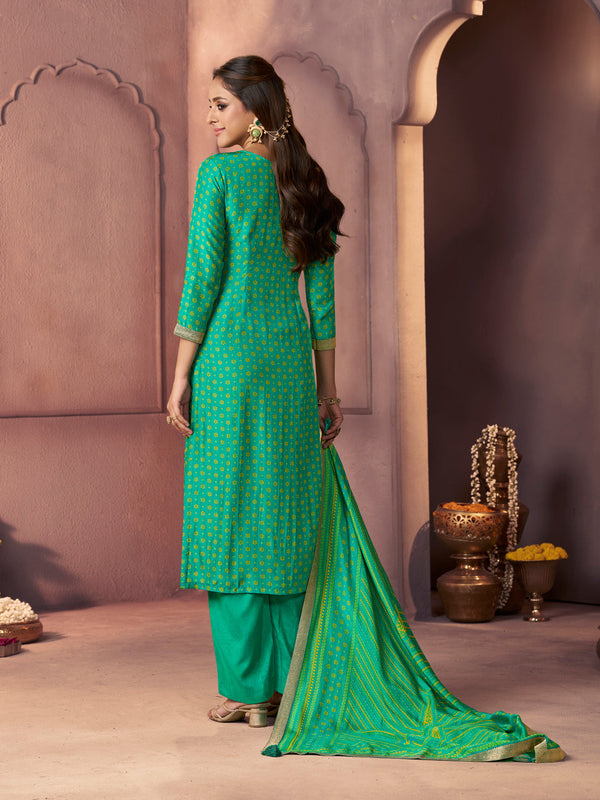 Sea Green Premium Russian Silk Suit with Ethnic Motifs & Embroidered Neckline