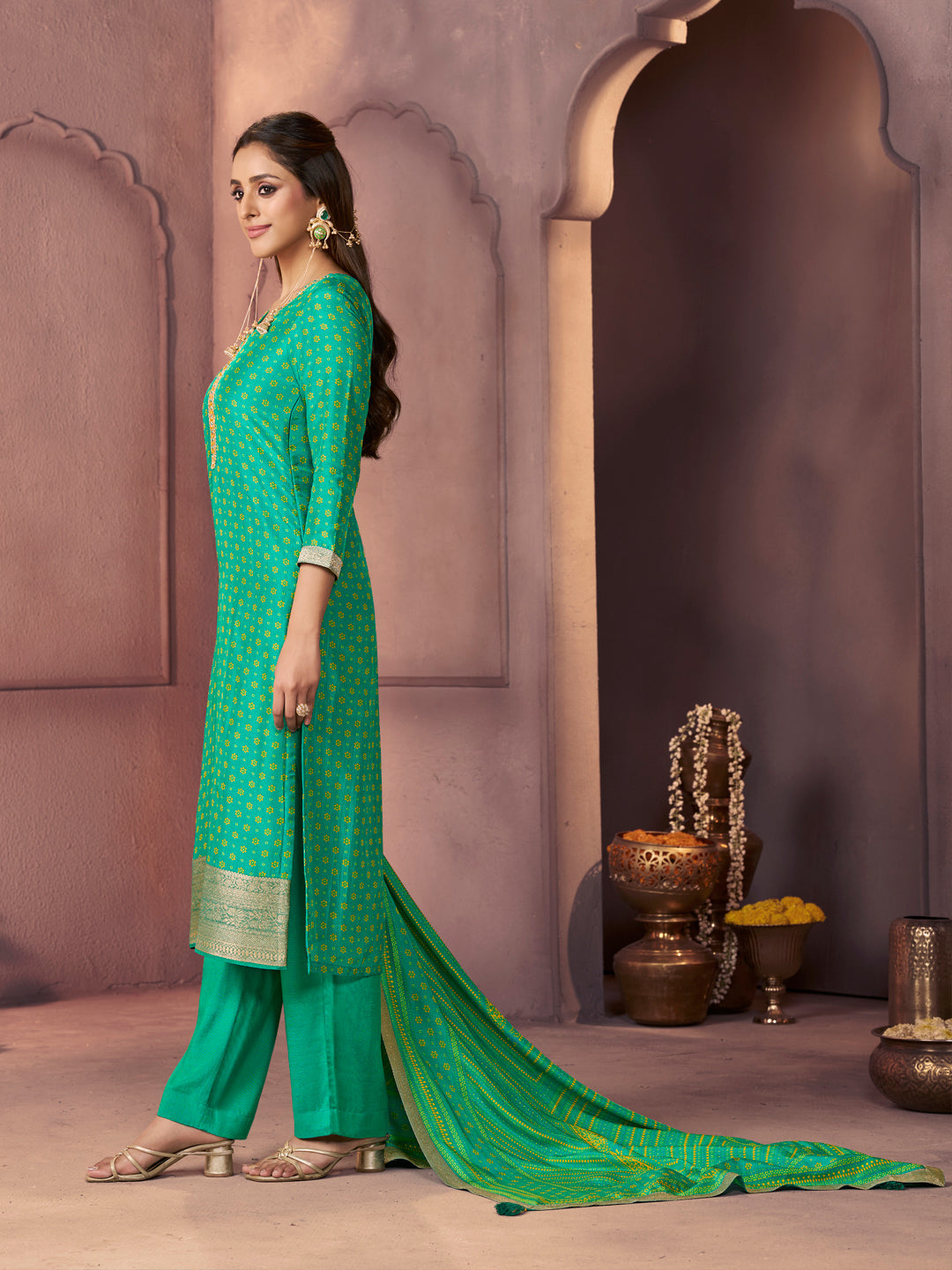 Sea Green Premium Russian Silk Suit with Ethnic Motifs & Embroidered Neckline
