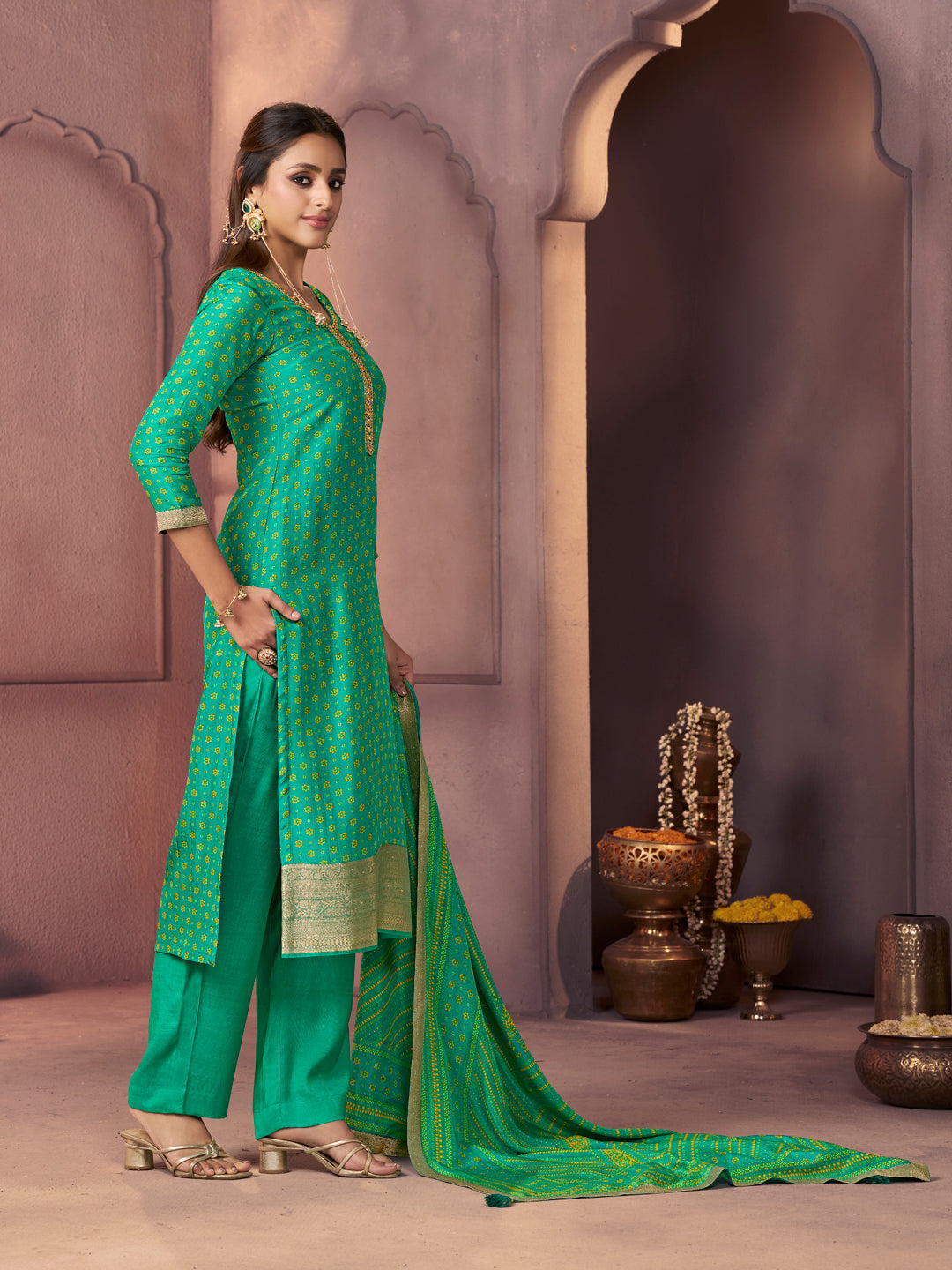 Sea Green Premium Russian Silk Suit with Ethnic Motifs & Embroidered Neckline