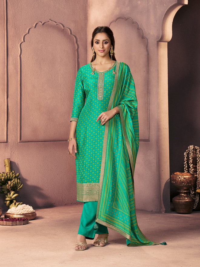 Sea Green Premium Russian Silk Suit with Ethnic Motifs & Embroidered Neckline