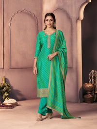 Sea Green Premium Russian Silk Suit with Ethnic Motifs & Embroidered Neckline