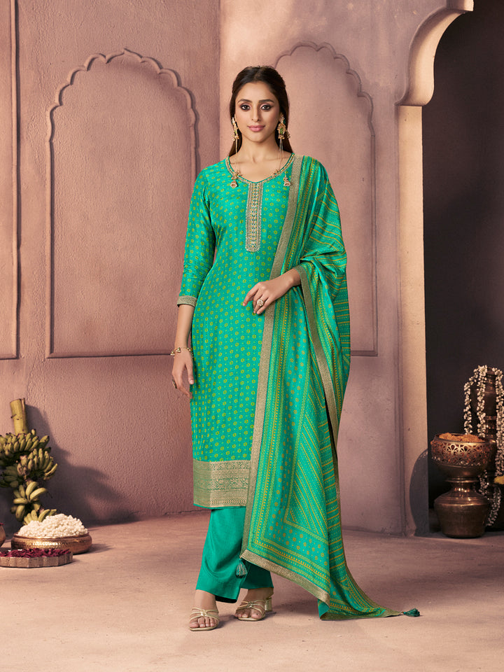 Sea Green Premium Russian Silk Suit with Ethnic Motifs & Embroidered Neckline