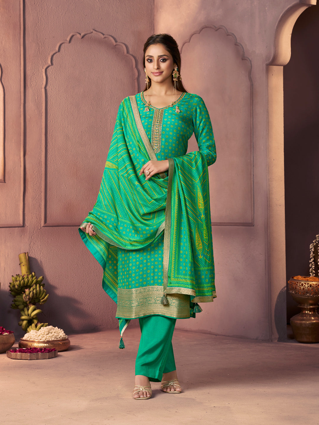 Sea Green Premium Russian Silk Suit with Ethnic Motifs & Embroidered Neckline