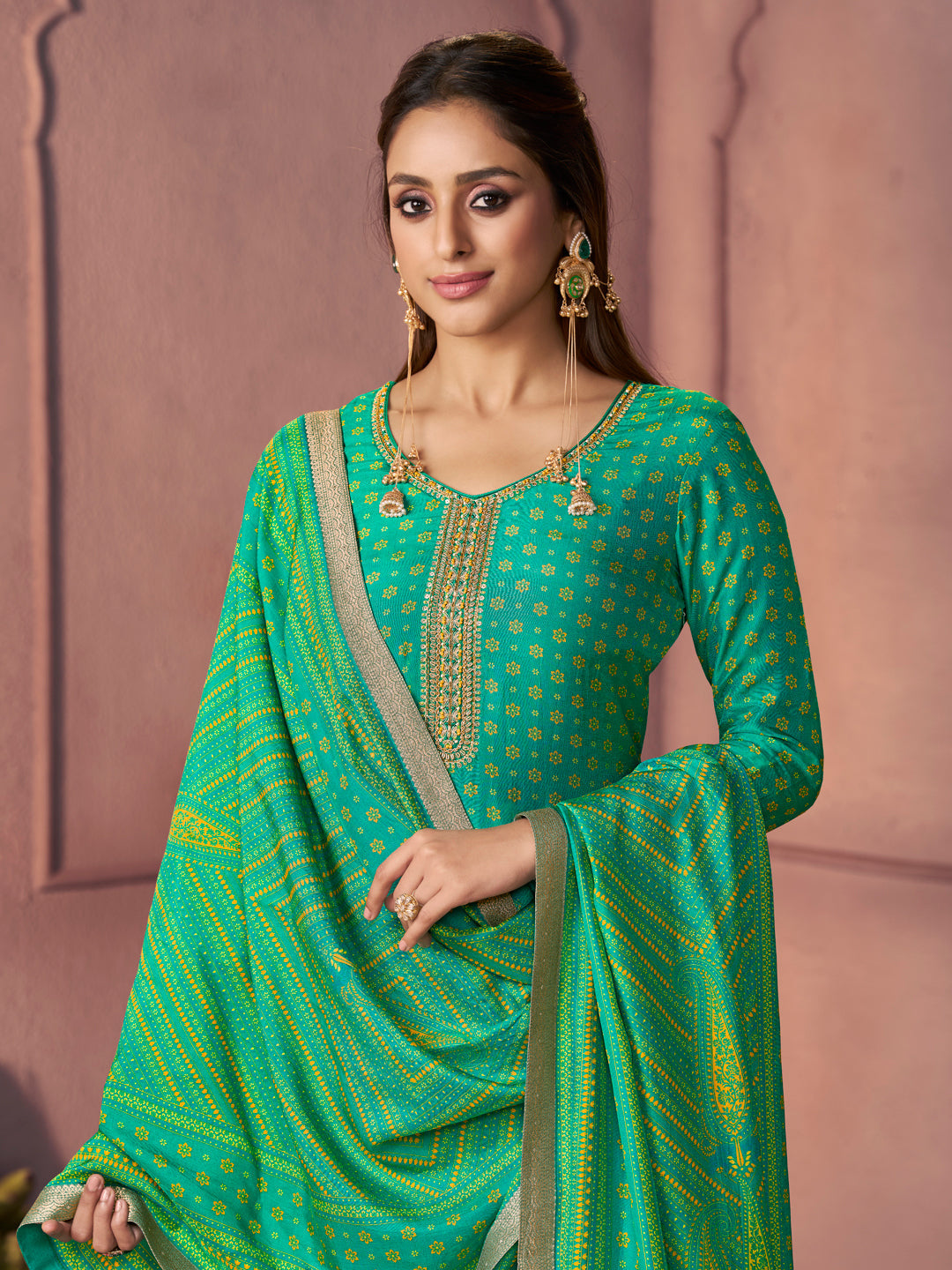 Sea Green Premium Russian Silk Suit with Ethnic Motifs & Embroidered Neckline