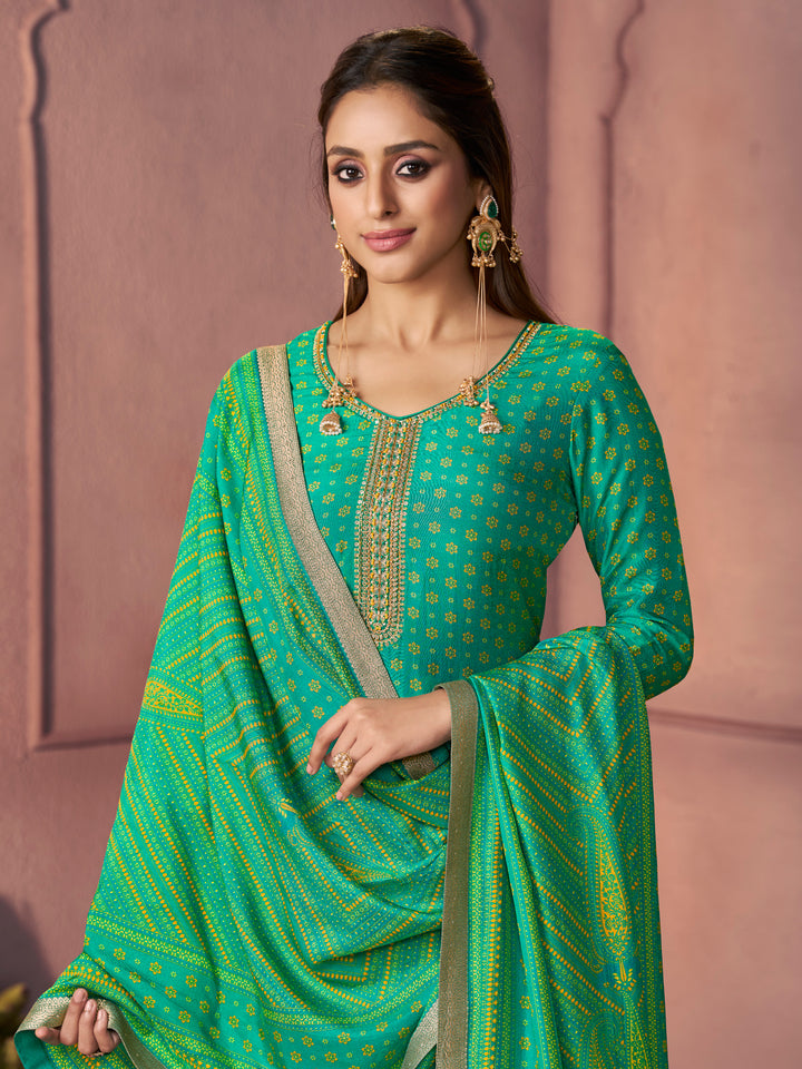 Sea Green Premium Russian Silk Suit with Ethnic Motifs & Embroidered Neckline