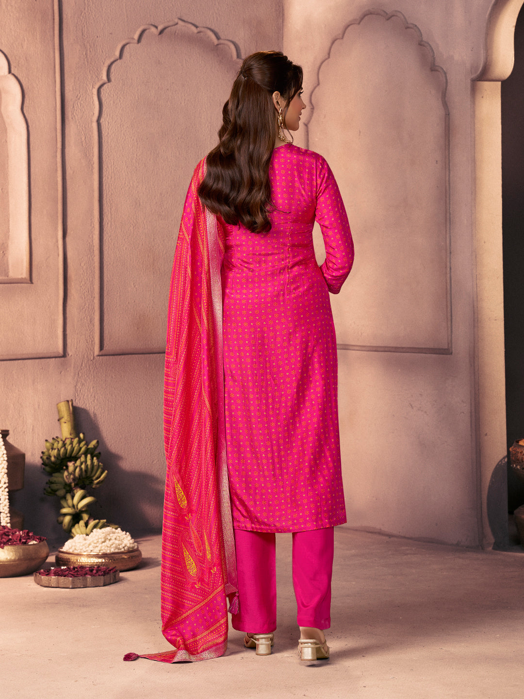 Hot Pink Premium Russian Silk Suit with Ethnic Motifs & Embroidered Neckline