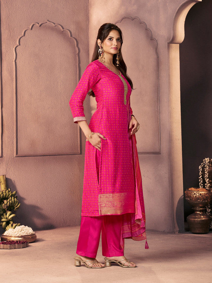 Hot Pink Premium Russian Silk Suit with Ethnic Motifs & Embroidered Neckline