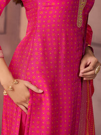 Hot Pink Premium Russian Silk Suit with Ethnic Motifs & Embroidered Neckline