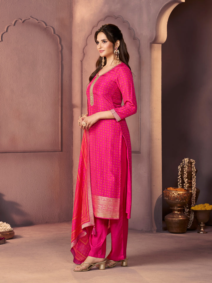 Hot Pink Premium Russian Silk Suit with Ethnic Motifs & Embroidered Neckline