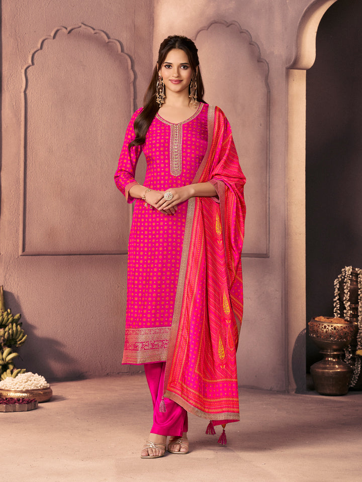 Hot Pink Premium Russian Silk Suit with Ethnic Motifs & Embroidered Neckline