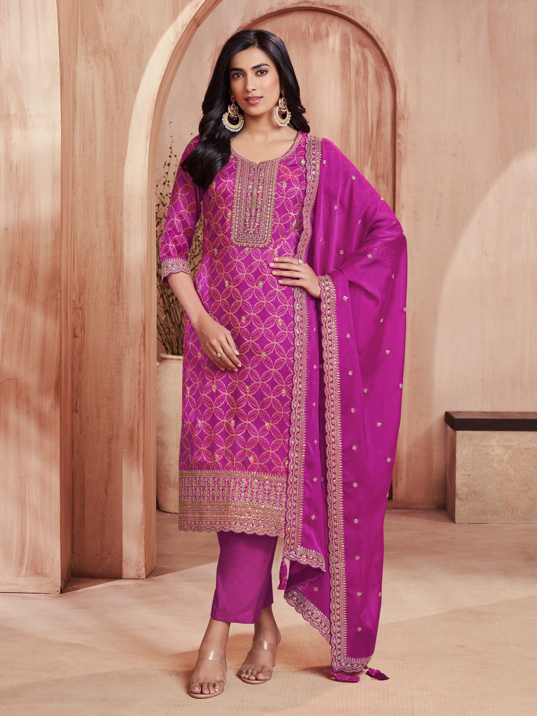 Magenta Print With Embroidery Straight Kurta With Trousers And Embroidery Dupatta