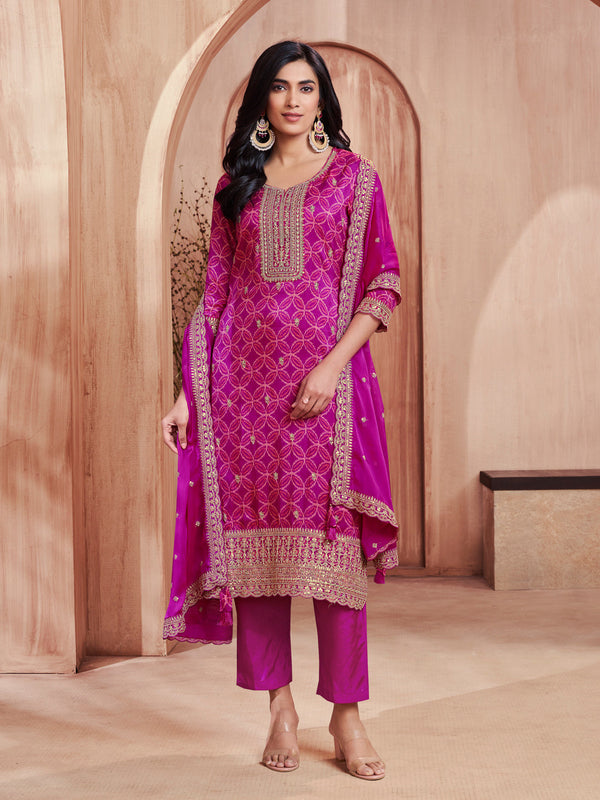 Magenta Print With Embroidery Straight Kurta With Trousers And Embroidery Dupatta