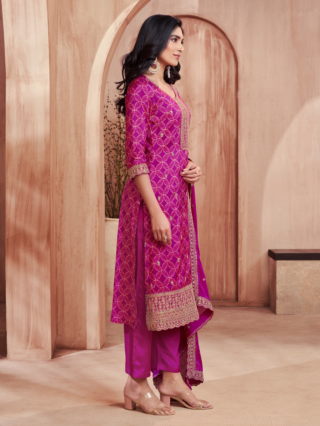 Magenta Print With Embroidery Straight Kurta With Trousers And Embroidery Dupatta