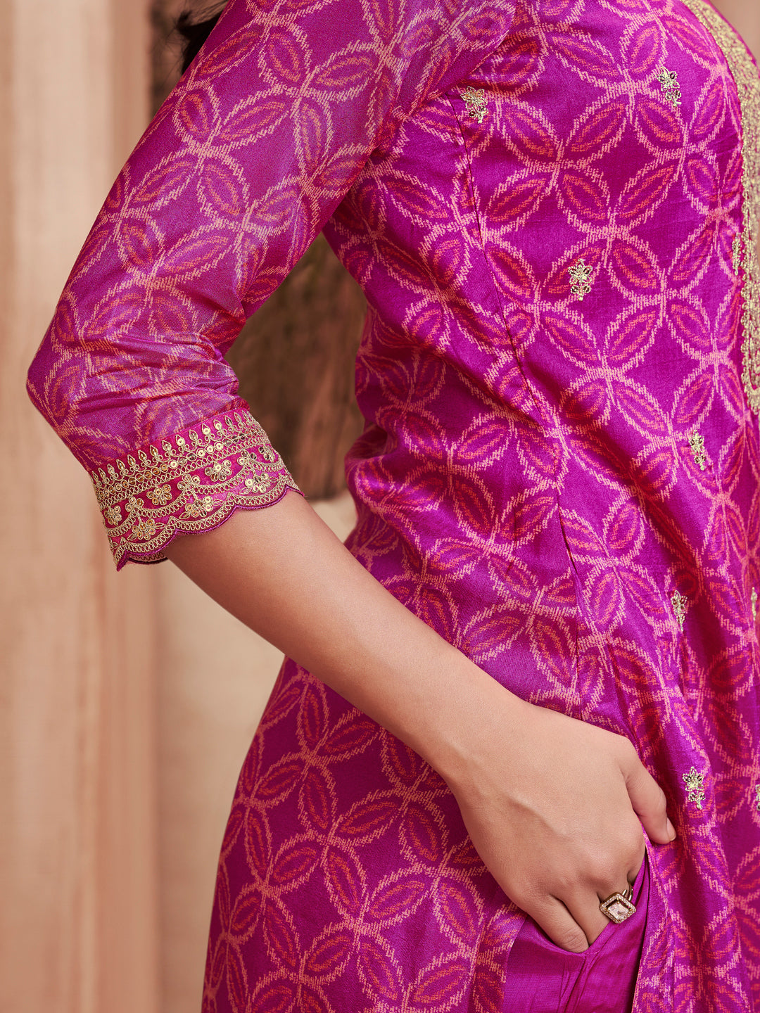 Magenta Print With Embroidery Straight Kurta With Trousers And Embroidery Dupatta
