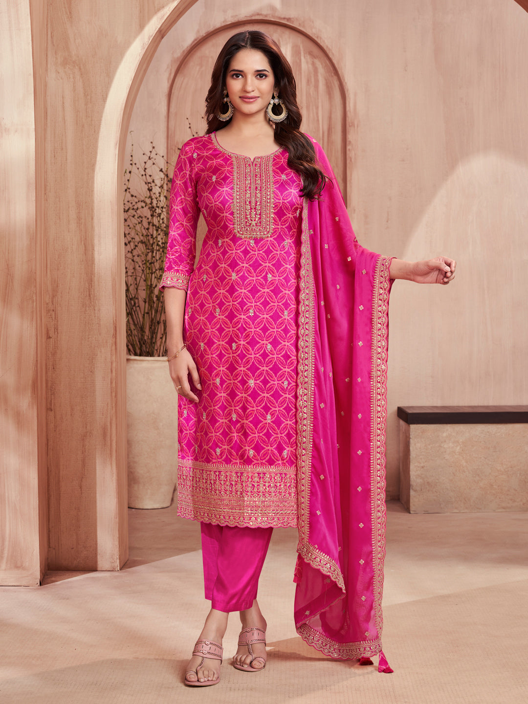 Pink Print With Embroidery Straight Kurta With Trousers And Embroidery Dupatta