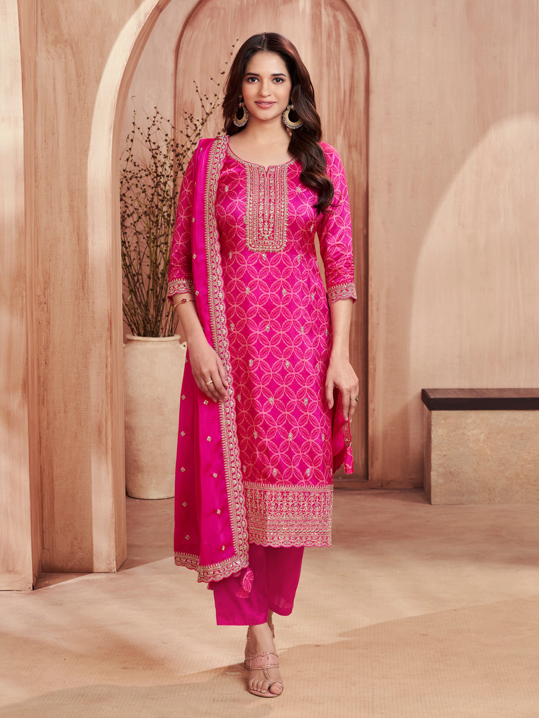 Pink Print With Embroidery Straight Kurta With Trousers And Embroidery Dupatta