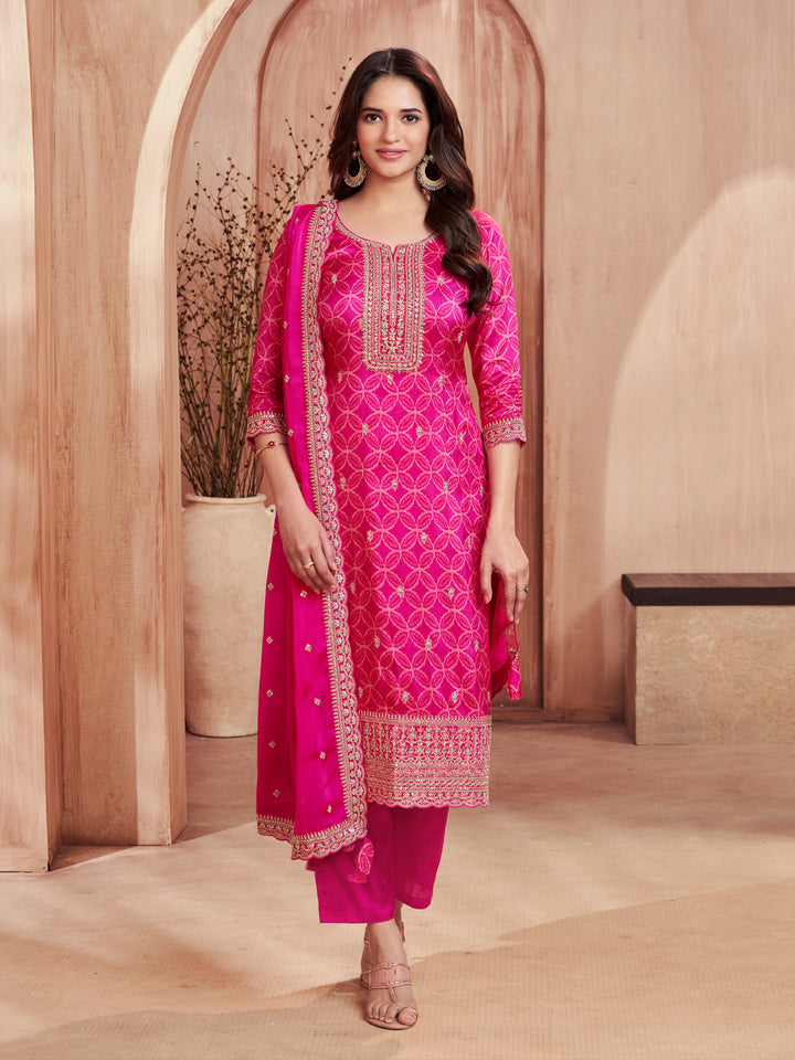 Pink Print With Embroidery Straight Kurta With Trousers And Embroidery Dupatta
