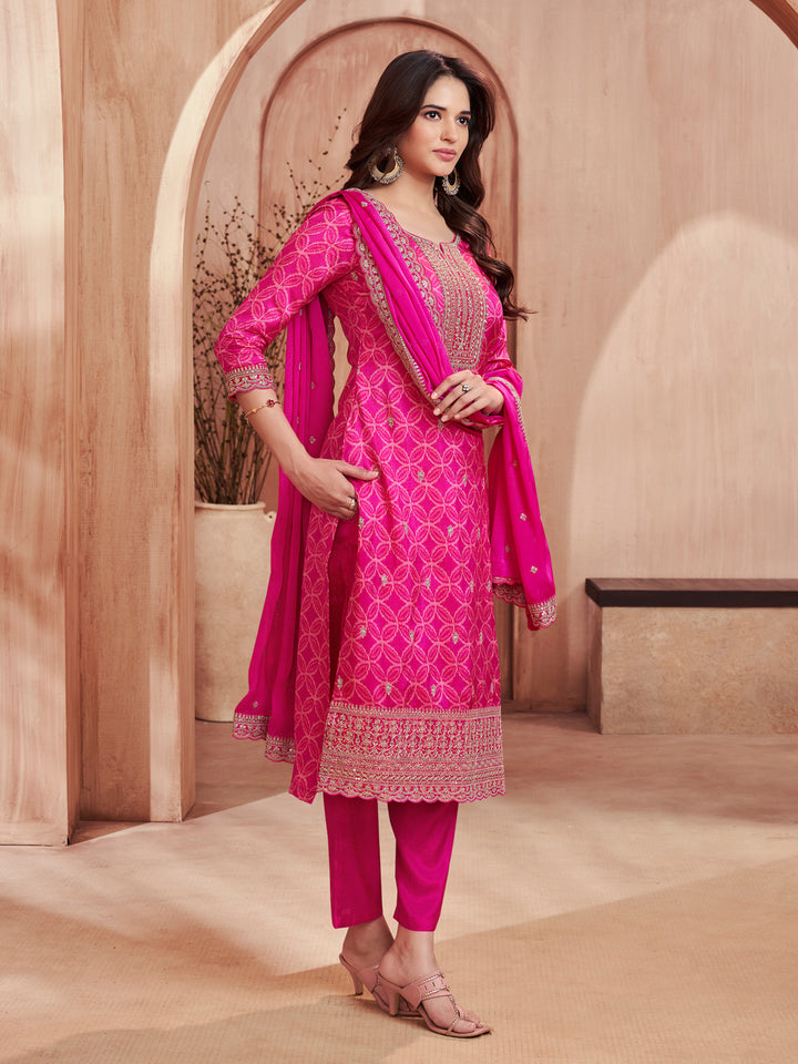 Pink Print With Embroidery Straight Kurta With Trousers And Embroidery Dupatta