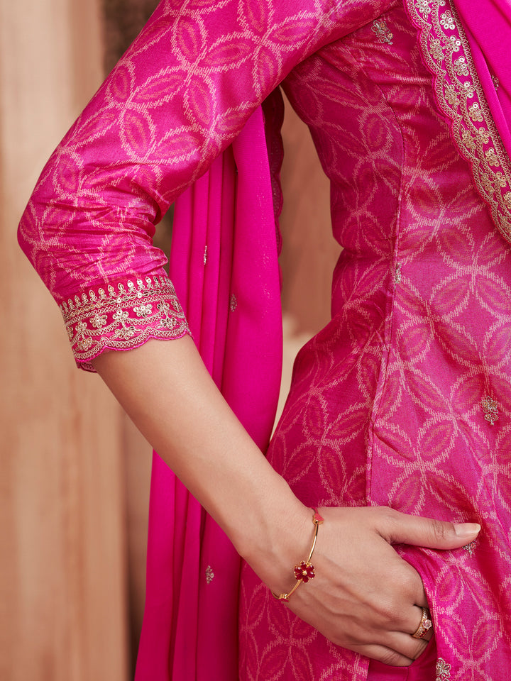 Pink Print With Embroidery Straight Kurta With Trousers And Embroidery Dupatta