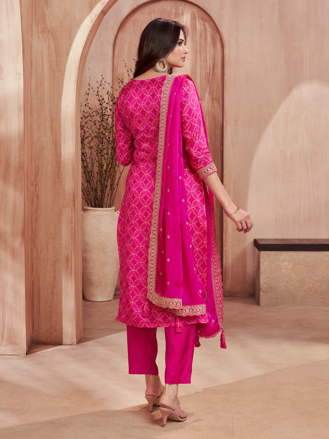 Pink Print With Embroidery Straight Kurta With Trousers And Embroidery Dupatta