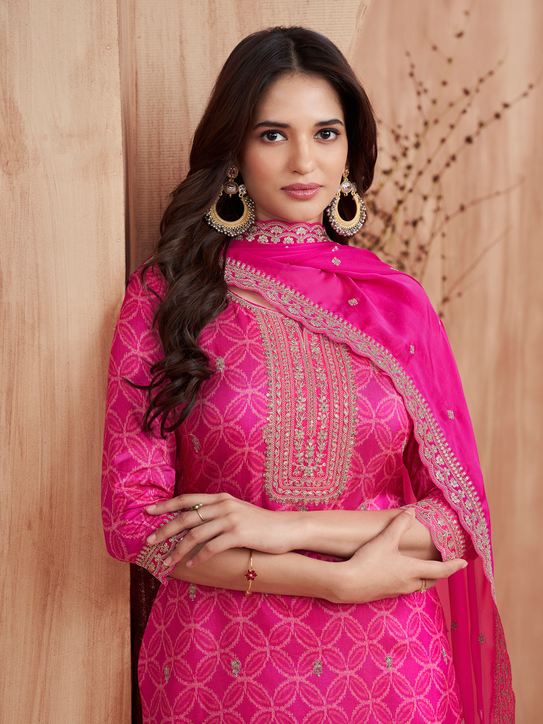 Pink Print With Embroidery Straight Kurta With Trousers And Embroidery Dupatta
