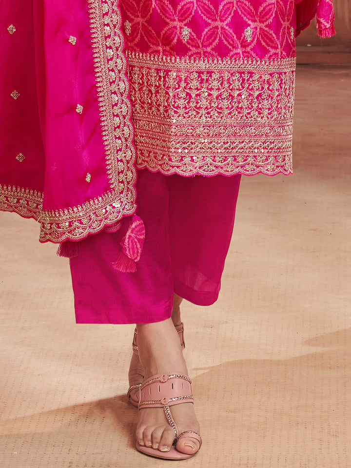 Pink Print With Embroidery Straight Kurta With Trousers And Embroidery Dupatta